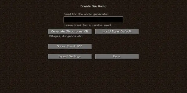 Pantalla de creación de mundo en Minecraft. Introduce tus semillas de Minecraft favoritas o deja en blanco para una aleatoria.