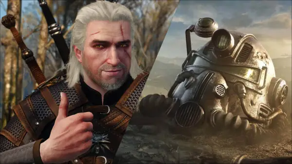 Geralt z Rivii i hełm z gry Fallout. Dwa światy, wiele niezapomnianych cytatów z gier.