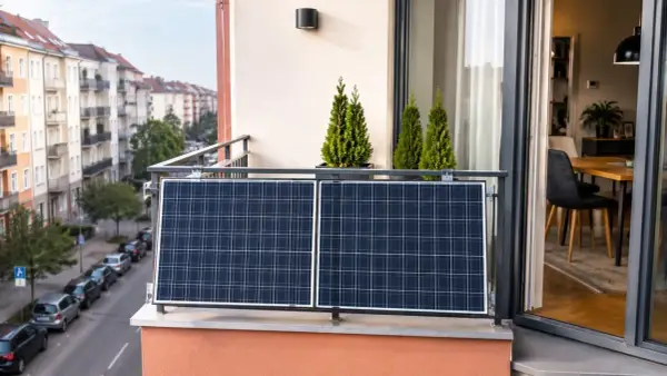 Mini elektrownia słoneczna na balkonie, z widokiem na ulicę i kamienice. Dwa panele fotowoltaiczne łapią promienie słońca.