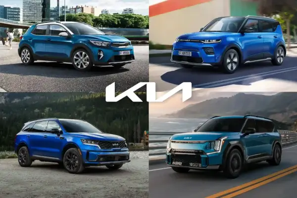 Cztery różne modele suv kia w odcieniach niebieskiego i turkusowego, prezentowane w różnych sceneriach.