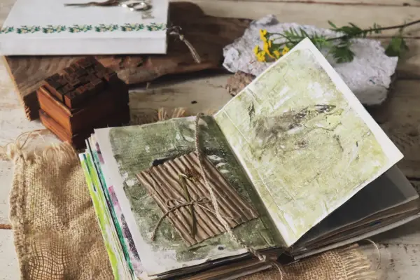 Otwarty notatnik do art journalingu z zielonymi, abstrakcyjnymi wzorami. Na jednej ze stron znajduje się suszony kwiat na pogniecionej tekturze.