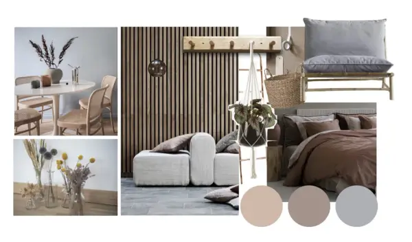 En moodboard visar inspiration för ett hem med trädetaljer, beiga toner och en mysig säng.