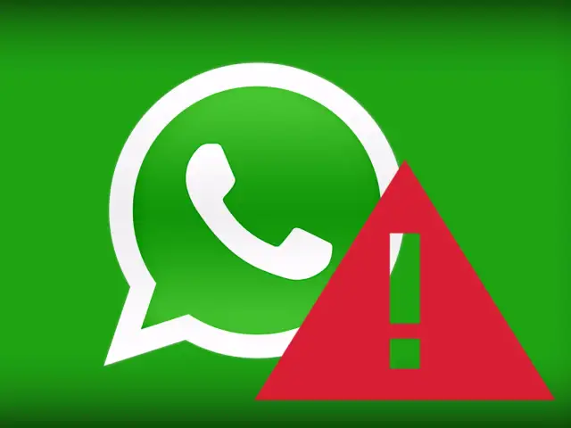 WhatsApp-Logo mit rotem Ausrufezeichen auf grünem Hintergrund.