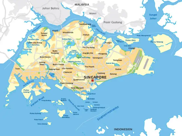Mapa Singapuru z zaznaczonym miastem, okolicznymi wyspami, Malezją i Indonezją.