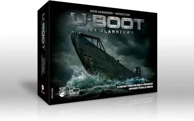 U-Boot gra planszowa. Mroczny okręt podwodny wynurza się z wzburzonych fal pod burzowym niebem.