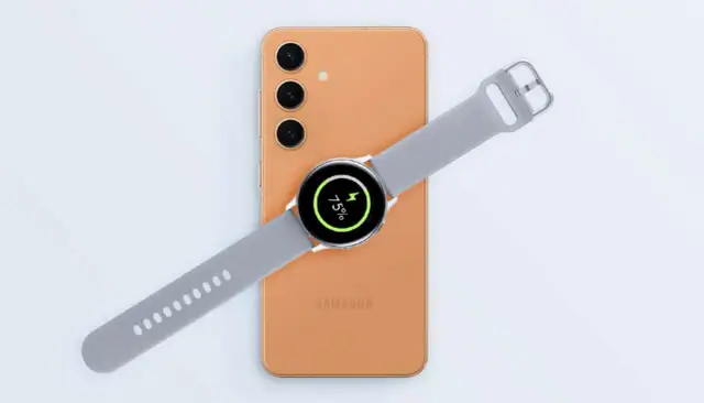 Une montre Samsung est en cours de charger sur un téléphone, affichant 75% de batterie.