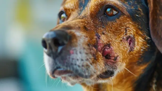 Primer plano de un perro con leishmaniasis, mostrando lesiones cutáneas en su rostro.