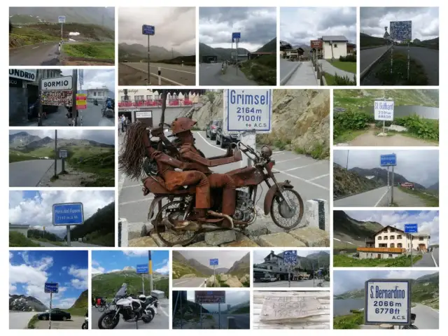 Przełęcz okraj, znaki drogowe i krajobrazy górskie. Widok na przełęcz Grimsel, S. Bernardino, Furkapass i inne.