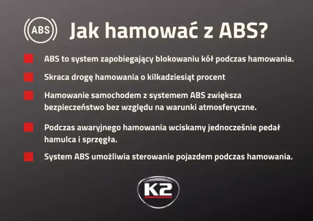 Jak hamować z ABS? System zapobiega blokowaniu kół, skraca drogę hamowania i zwiększa bezpieczeństwo. ABS pozwala sterować pojazdem podczas hamowania.