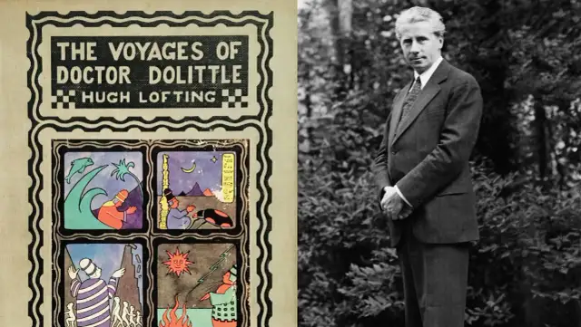Okładka książki "The Voyages of Doctor Dolittle" Hugh Loftinga i czarno-białe zdjęcie autora.