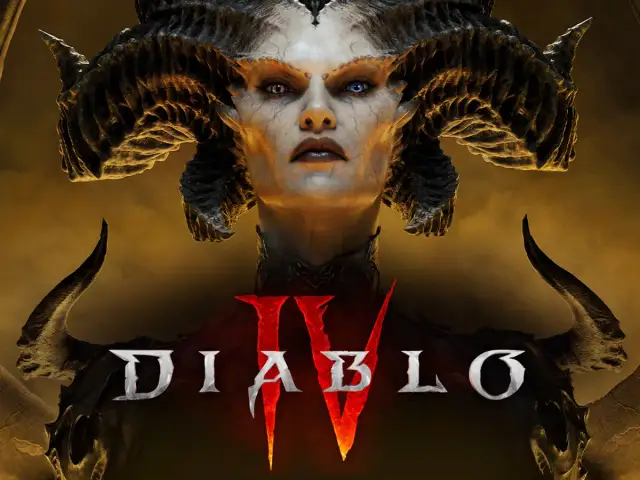 Portret Lilith z gry Diablo IV z rogami i logo gry.