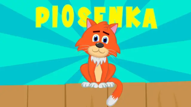 Pomarańczowy kotek siedzi na płotku, a nad nim napis "PIOSENKA".