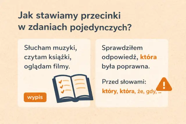 Jak nauczyć się stawiać przecinki? Przykład: "Sprawdziłem odpowiedź, która była poprawna." Przecinki stawiamy przed "który", "która", "że", "gdy".