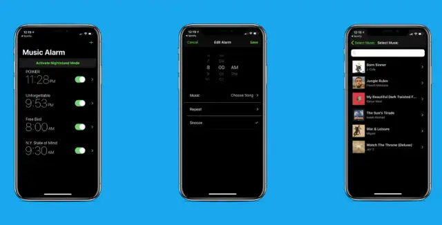 Interface d'un réveil Spotify sur Android, permettant de choisir des musiques pour se réveiller.