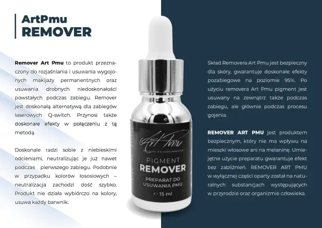 Butelka z preparatem Remover Art Pmu do usuwania makijażu permanentnego, z pipetą. Skuteczny i bezpieczny dla skóry.