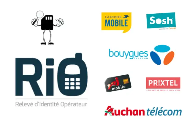 Changement d'opérateur mobile : combien de temps sans téléphone ? Logos de La Poste Mobile, Sosh, Bouygues Telecom, Prixtel, Auchan Telecom, RED by SFR et RIO.