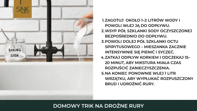 Wsypywanie sody oczyszczonej do odpływu zlewu.