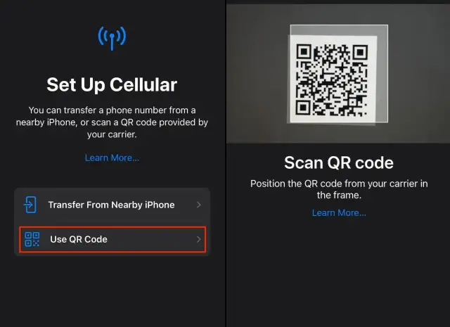 Configuration d'une carte eSIM : scannez le code QR de votre opérateur pour activer votre forfait mobile.
