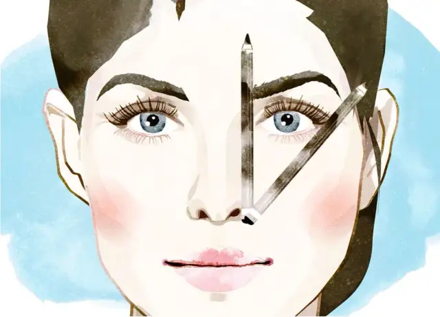 Illustration einer Frau mit blauen Augen und drei Bleistiften im Gesicht, die auf Augenbrauen und Nase zeigen.