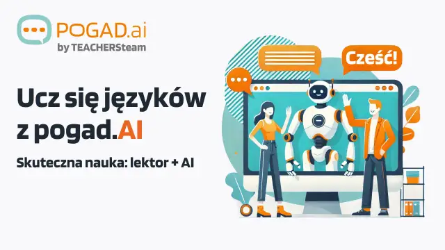 Ilustracja: robot i ludzie uczący się języków z pomocą AI, z dymkami dialogowymi.