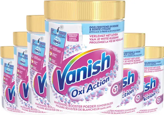 Kilka opakowań proszku do prania Vanish Oxi Action z żółtymi nakrętkami.