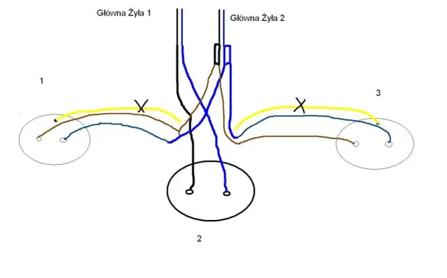 Schemat połączeń elektrycznych, pokazujący jak podłączyć gniazdko bez uziemienia. Dwa gniazdka (1 i 3) połączone z centralnym punktem (2).