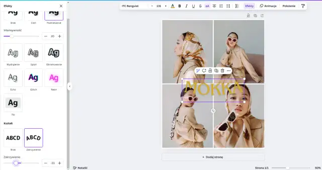 Edytor graficzny, gdzie można tworzyć projekty, np. plakaty. Widoczne opcje efektów tekstowych, jak "Glitch" czy "Neon", pokazują, co to Canva.