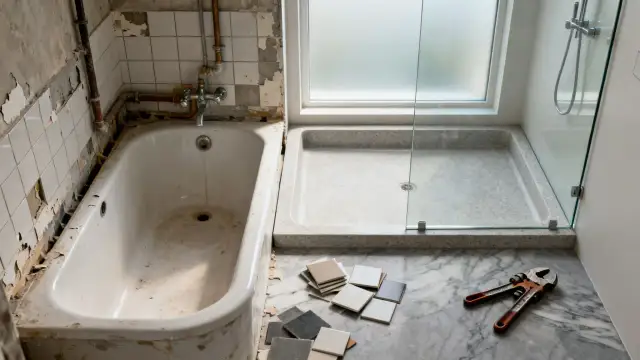 Baños en proceso de reforma, con una bañera antigua y un plato de ducha moderno listo para ser instalado.