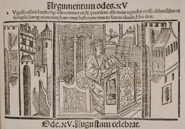 Ilustracja z tekstem "Argumentumodes.XV" przedstawia postać w wieńcu laurowym przy pulpicie, symbolizującą trwałość dzieła, co oznacza "exegi monumentum" – wzniósł pomnik.