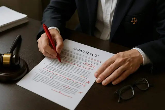 Prawnik w garniturze pisze czerwonym długopisem po dokumencie "CONTRACT". Obok młotek sędziowski i okulary.
