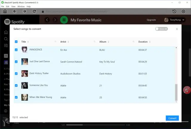 Lista utworów Spotify z zaznaczonymi do konwersji piosenkami, widok aplikacji UkeySoft Spotify Music Converter.