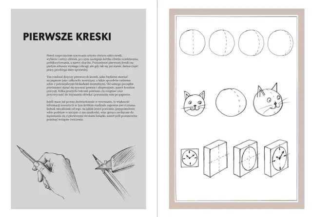 Ilustracje pokazują, jak nauczyć się rysować, od prostych kółek i kotków po zegary i bryły.