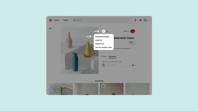 Widok ekranu z Pinteresta, pokazujący menu pobierania obrazu z wazami.