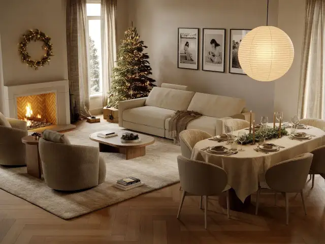 La casa de la navidad, con árbol iluminado, chimenea encendida y mesa puesta para una cena festiva.