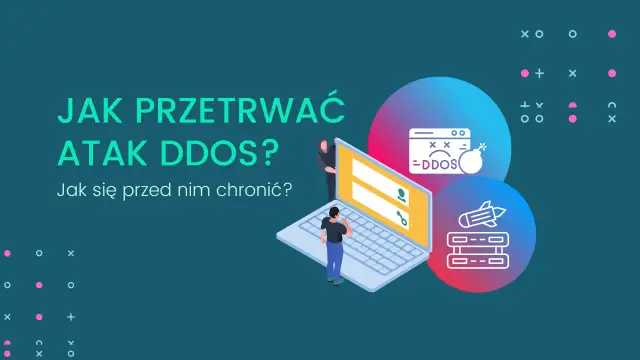Grafika ilustruje jak przetrwać atak DDoS na IP. Widzimy laptopa, ikonę bomby z napisem DDoS oraz rakietę atakującą serwery.