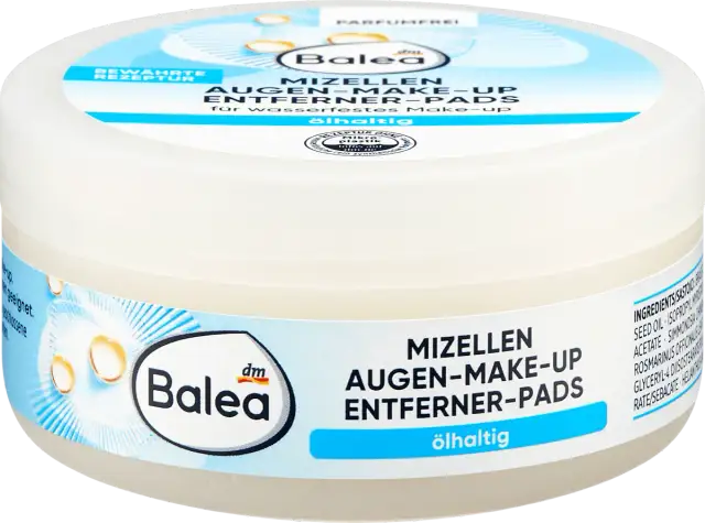 Balea Mizellen Augen-Make-up Entferner Pads, ölhaltig, in weißer Dose mit blauem Etikett.