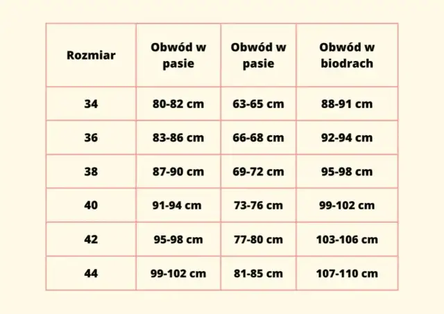 Tabela rozmiarów od 34 do 44. Rozmiar 40 odpowiada obwodowi w pasie 91-94 cm i biodrach 99-102 cm.