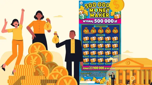 Ludzie cieszą się z wygranej, a zdrapka "Money Maker" obiecuje, że można wygrać 500 000 zł.
