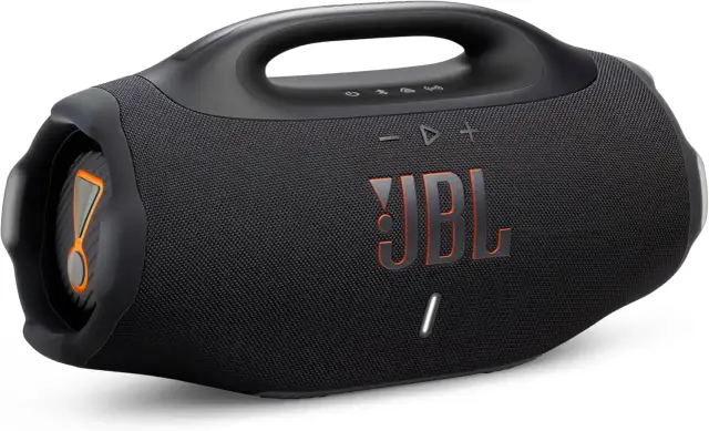 Enceinte JBL noire avec logo orange. Apprenez comment allumer une enceinte JBL pour profiter de votre musique.