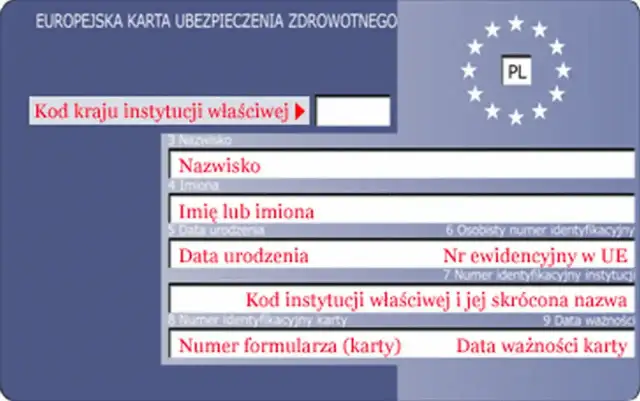 Europejska Karta Ubezpieczenia Zdrowotnego, potwierdzająca przynależność do NFZ. Widoczne pola na dane osobowe i identyfikacyjne.