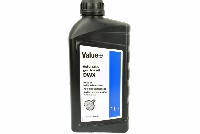 Czarna butelka oleju do automatycznej skrzyni biegów DWX 1L z etykietą Value i logo Renault.