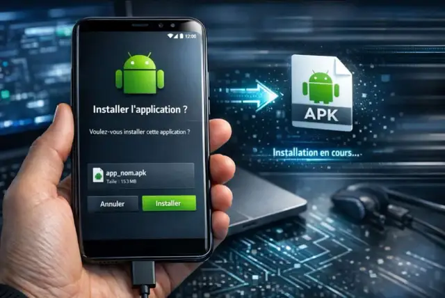 Installation d'un fichier apk android sur un smartphone. L'écran affiche "Installer l'application ?" avec les options "Annuler" et "Installer".