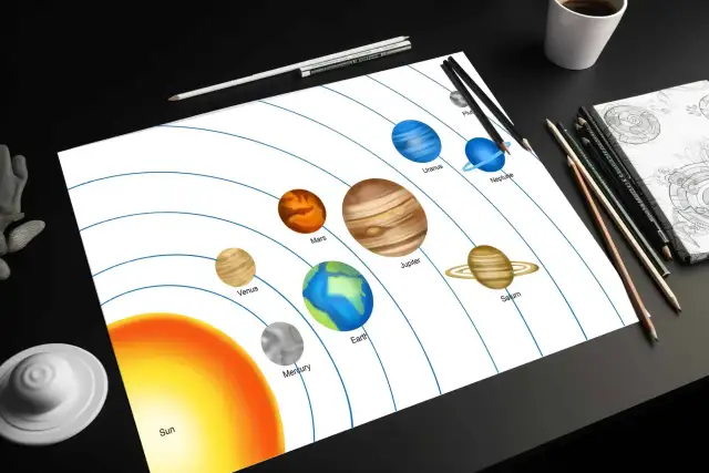 Zeichnung des Sonnensystems mit Sonne und Planeten auf Papier, umgeben von Stiften.