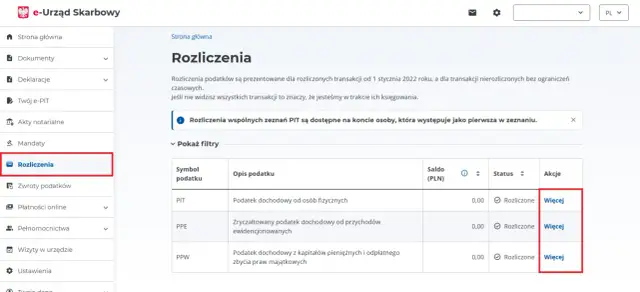 Widok rozliczeń podatkowych w e-Urzędzie Skarbowym. Można tu sprawdzić zaliczki na podatek dochodowy PIT, PPE, PPW.