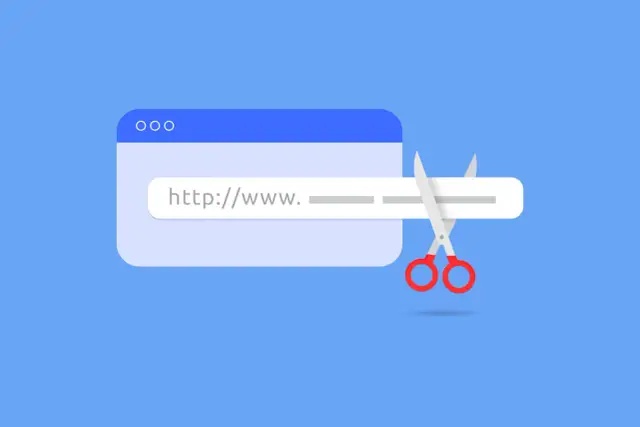 Nożyczki przecinają pasek adresu przeglądarki, symbolizując, jak skrócić link do strony.