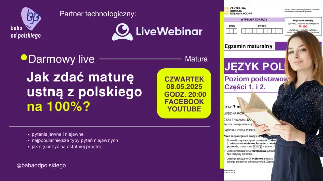 Kobieta z książką na tle arkusza maturalnego z języka polskiego i tekstu o darmowym live.