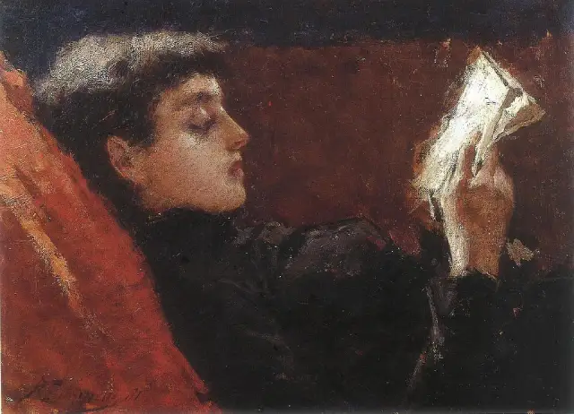 Portret kobiety w czarnej sukni, czytającej list. W jej oczach widać tęsknotę, jak u Pani Bovary w tamtej epoce.