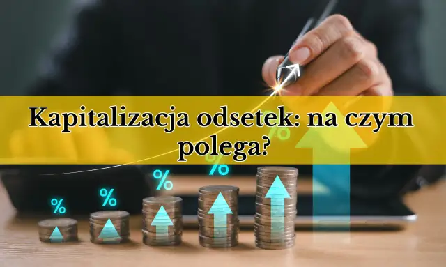 Wzrost kapitału dzięki kapitalizacji odsetek. Stosy monet rosną, symbolizując zysk.