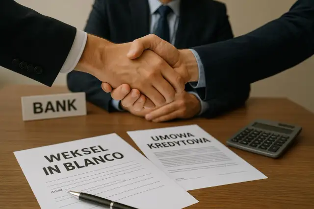 Uścisk dłoni po podpisaniu umowy kredytowej i weksla in blanco.