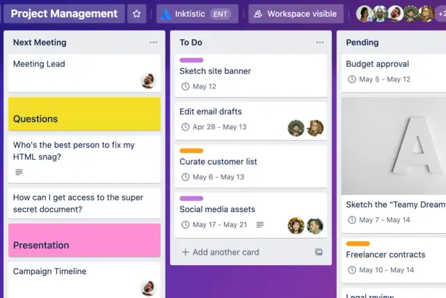 Zarządzanie projektem w aplikacji Trello: lista zadań, pytania i sprawy w toku.